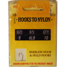 A PACK OF 10 BARBLESS HOOKS TO NYLON 6LB BREAKING STRAIN (SIZE 8)